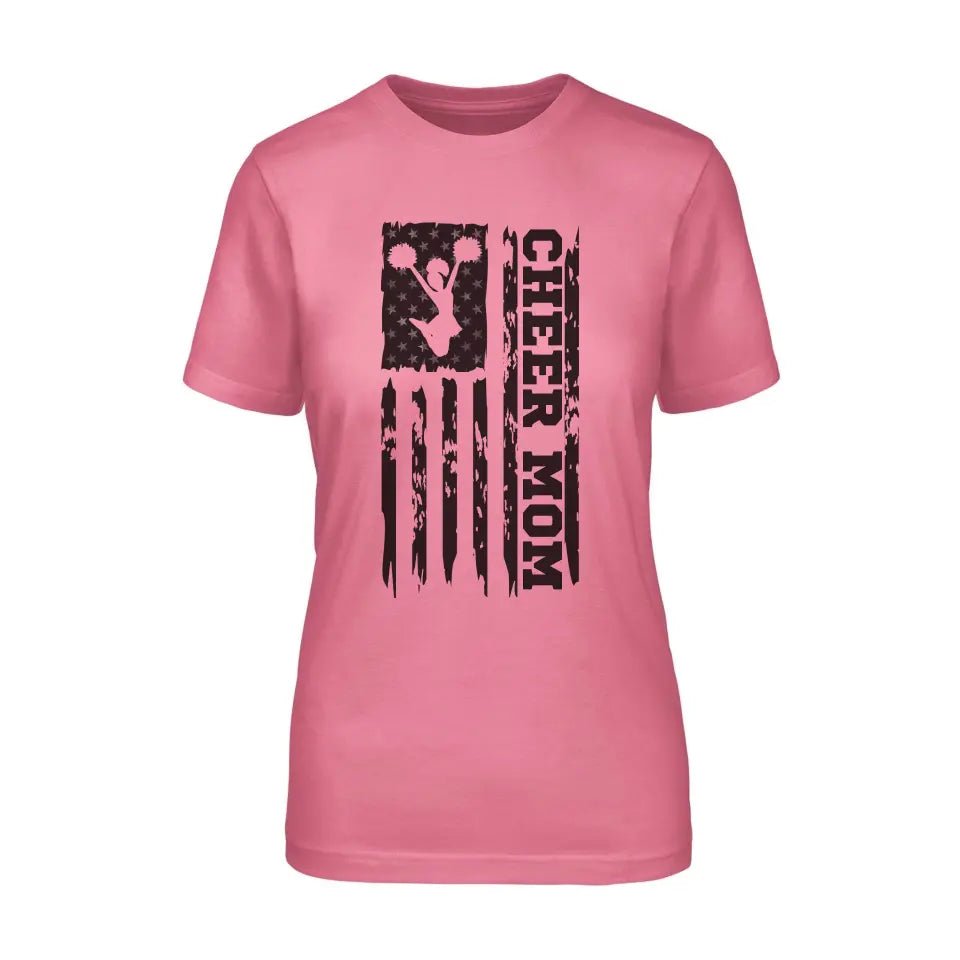 Cheer Mom Vertical Flag on a Unisex T-Shirt with a Black Graphic