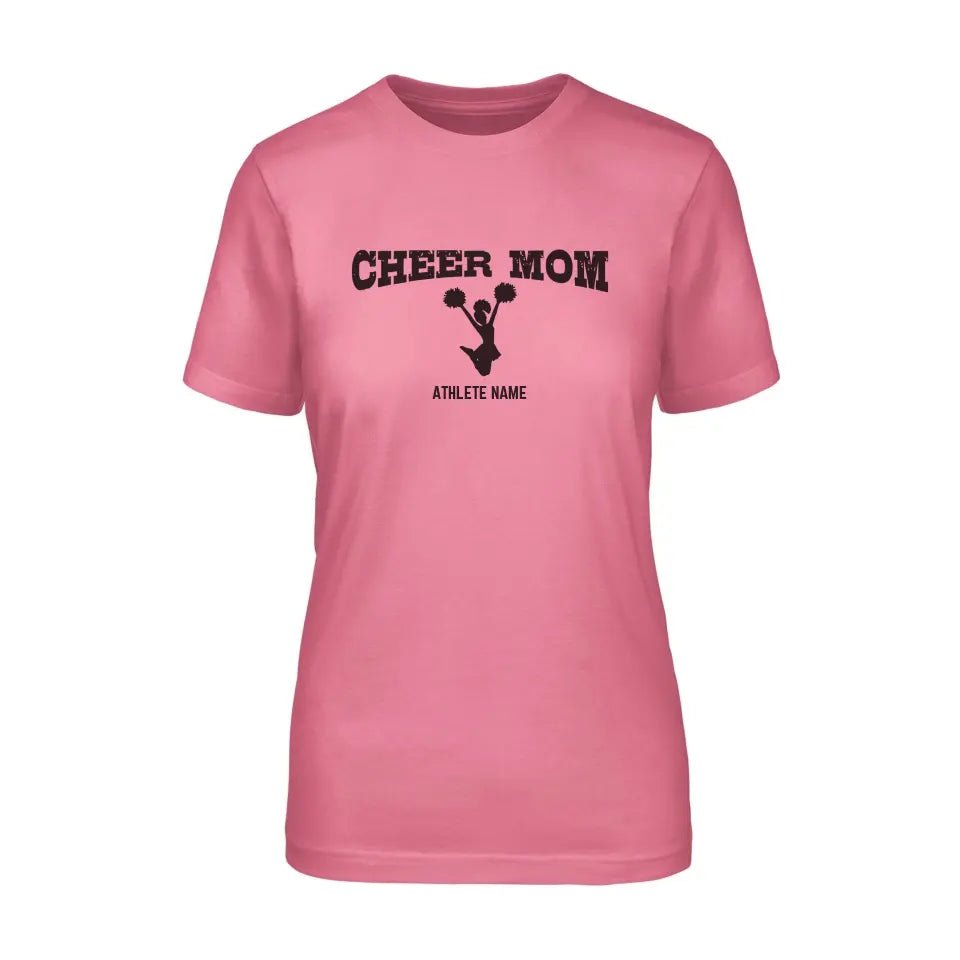 Cheer Mom with Cheerleader Icon and Cheerleader Name on a Unisex T-Shirt with a Black Graphic