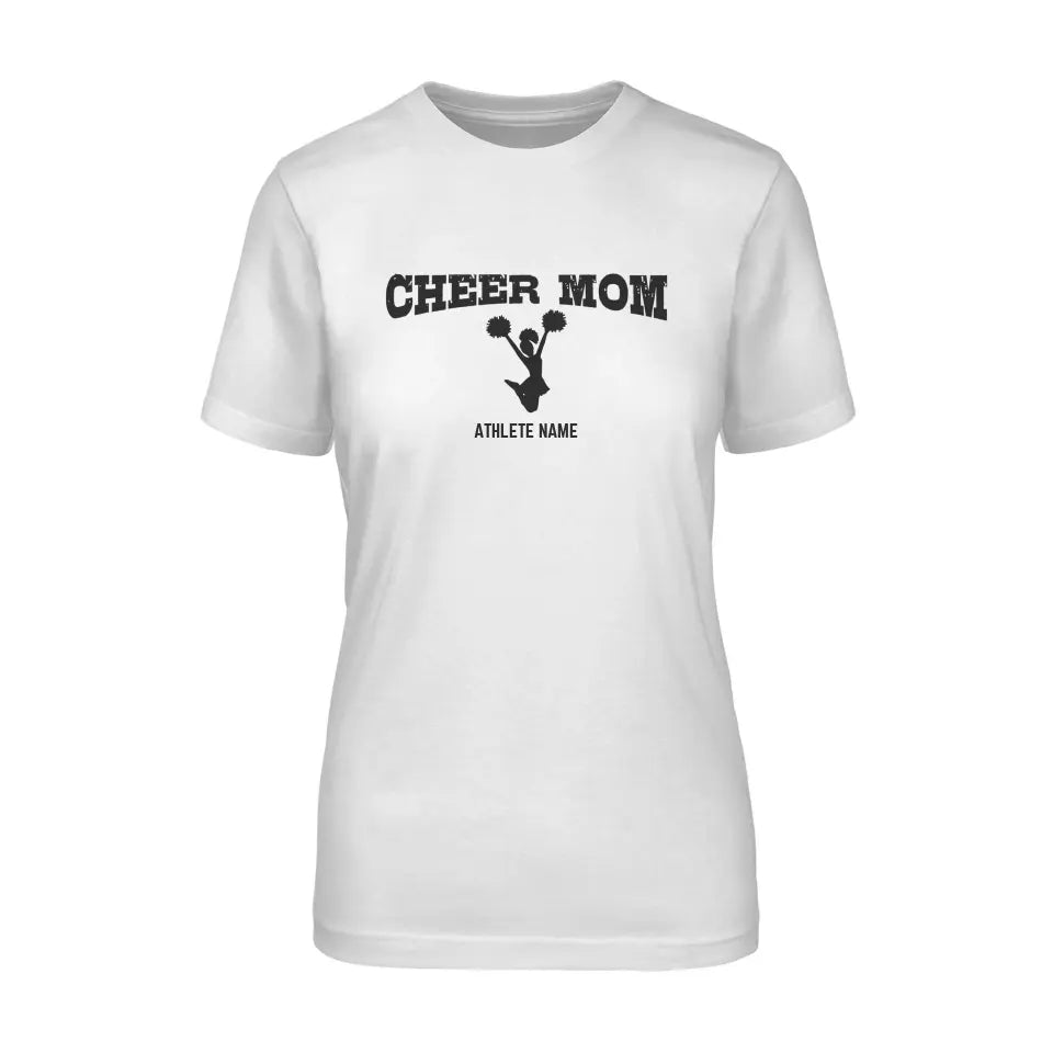 Cheer Mom with Cheerleader Icon and Cheerleader Name on a Unisex T-Shirt with a Black Graphic