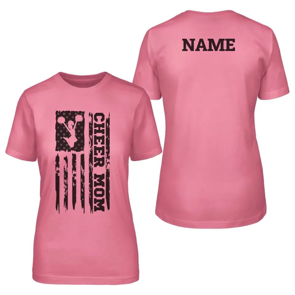 Cheer Mom Vertical Flag With Cheerleader Name on a Unisex T-Shirt with a Black Graphic
