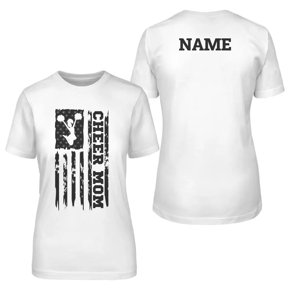 Cheer Mom Vertical Flag With Cheerleader Name on a Unisex T-Shirt with a Black Graphic
