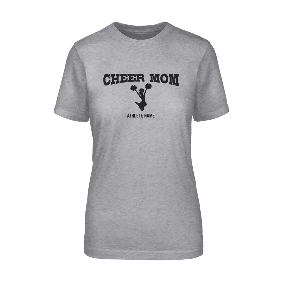 Cheer Mom with Cheerleader Icon and Cheerleader Name on a Unisex T-Shirt with a Black Graphic