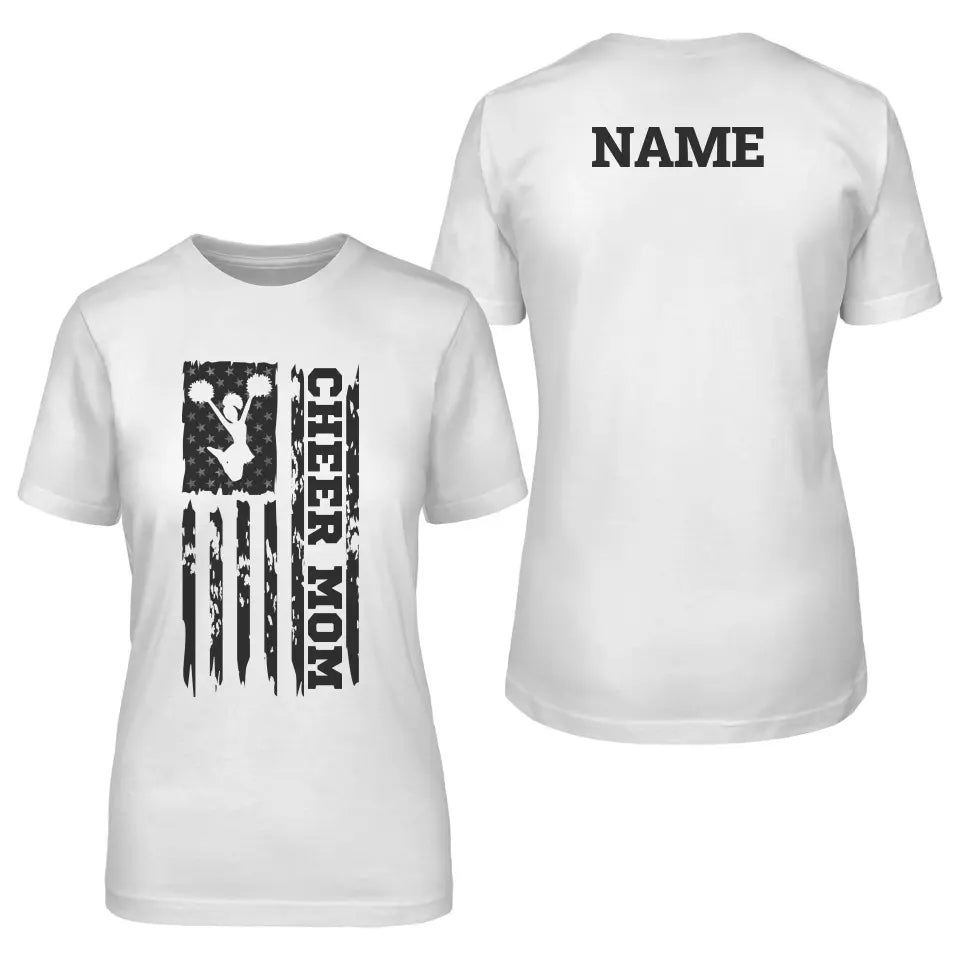 Cheer Mom Vertical Flag With Cheerleader Name on a Unisex T-Shirt with a Black Graphic