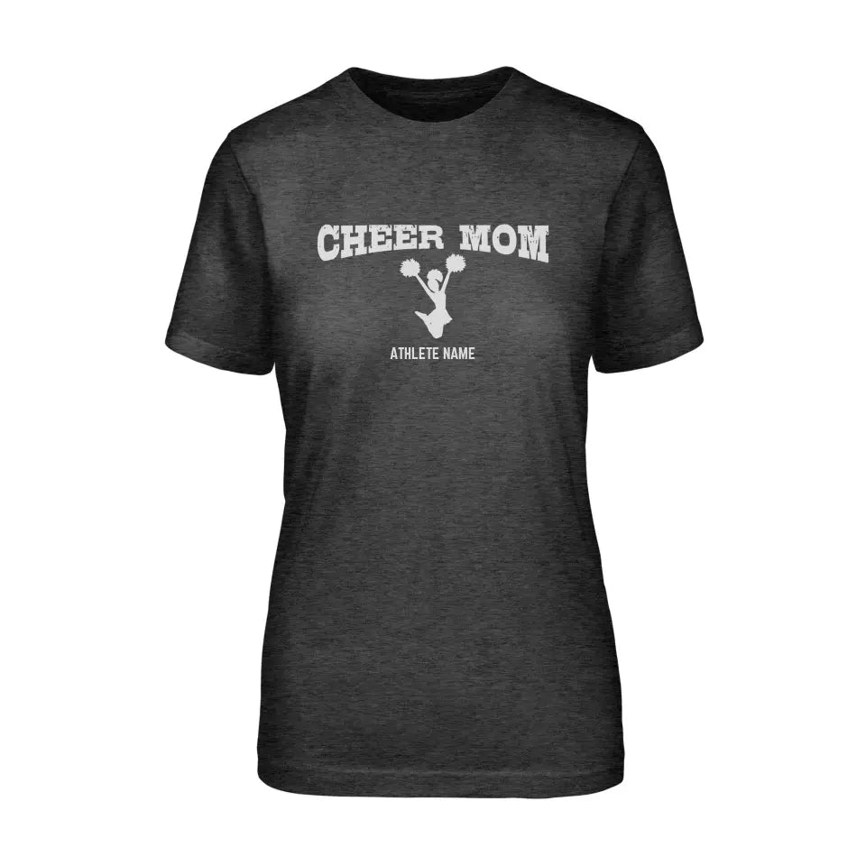 Cheer Mom with Cheerleader Icon and Cheerleader Name on a Unisex T-Shirt with a White Graphic