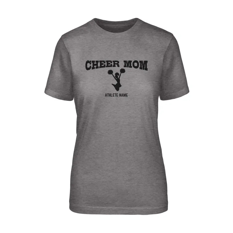 Cheer Mom with Cheerleader Icon and Cheerleader Name on a Unisex T-Shirt with a Black Graphic