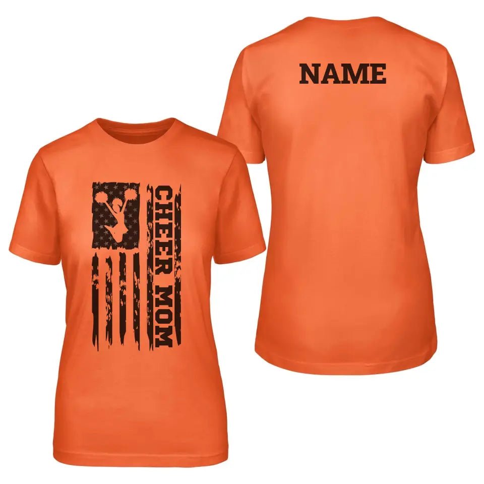 Cheer Mom Vertical Flag With Cheerleader Name on a Unisex T-Shirt with a Black Graphic