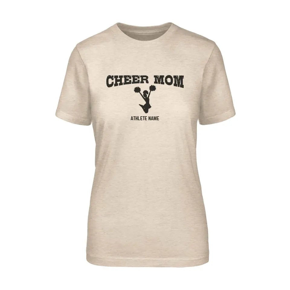 Cheer Mom with Cheerleader Icon and Cheerleader Name on a Unisex T-Shirt with a Black Graphic
