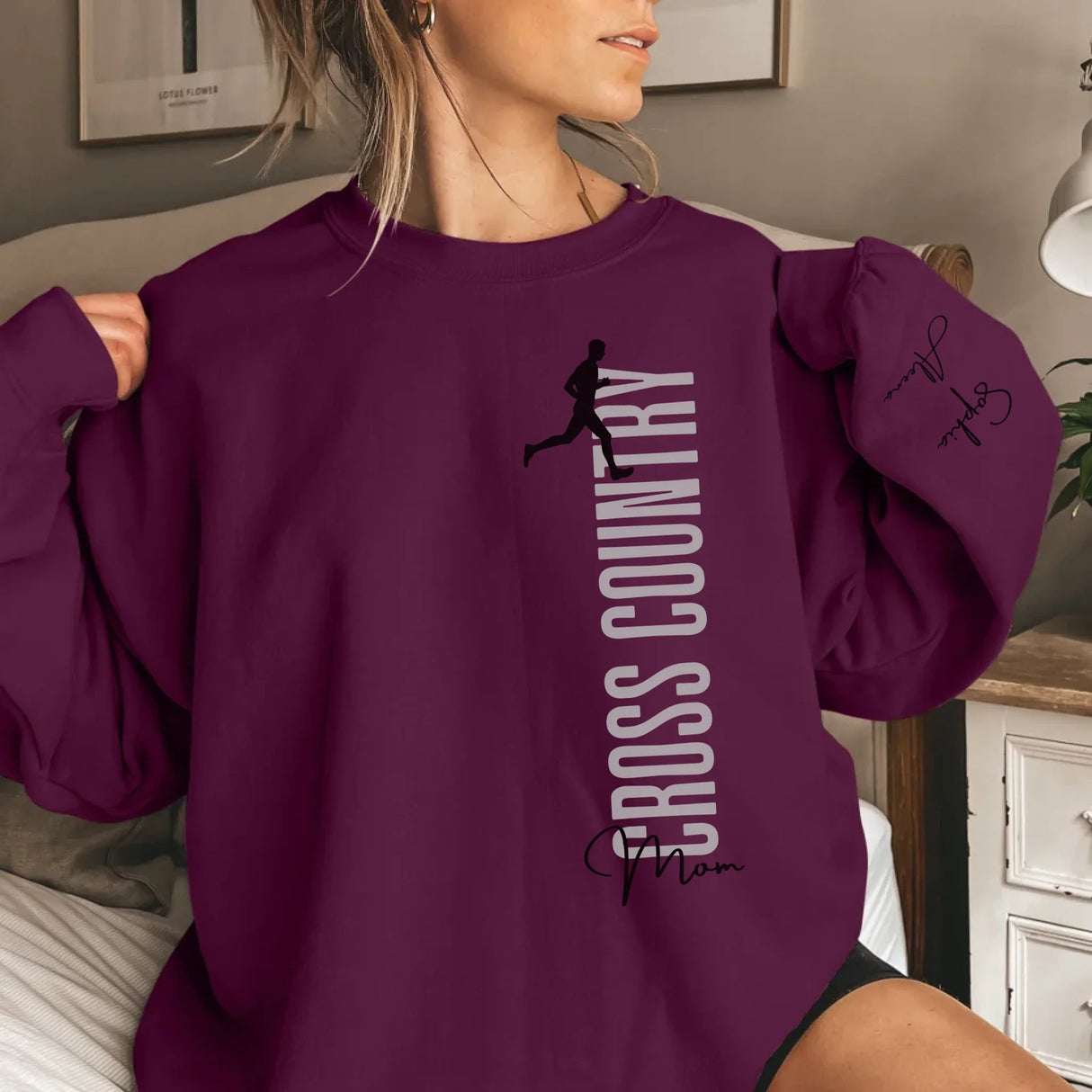 Personalized Cross Country Mom on a Sweatshirt With Mascot, Icon, and Cross Country Runner Name on Sleeve on a Sweatshirt