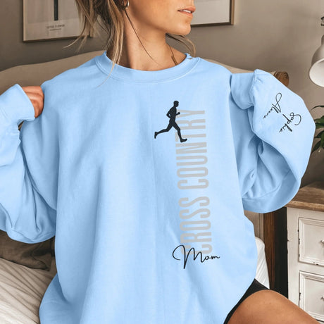 Personalized Cross Country Mom on a Sweatshirt With Mascot, Icon, and Cross Country Runner Name on Sleeve on a Sweatshirt