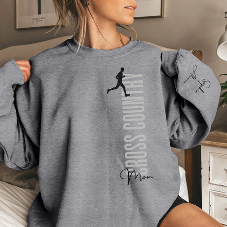 Personalized Cross Country Mom on a Sweatshirt With Mascot, Icon, and Cross Country Runner Name on Sleeve on a Sweatshirt