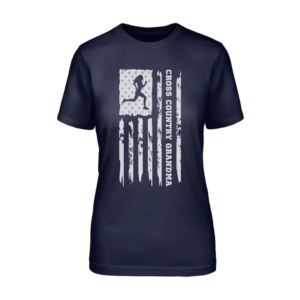 Cross Country Grandma Vertical Flag on a Unisex T-Shirt with a White Graphic