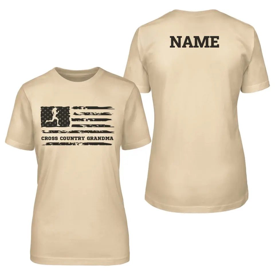 Cross Country Grandma Horizontal Flag With Cross Country Runner Name on a Unisex T-Shirt with a Black Graphic