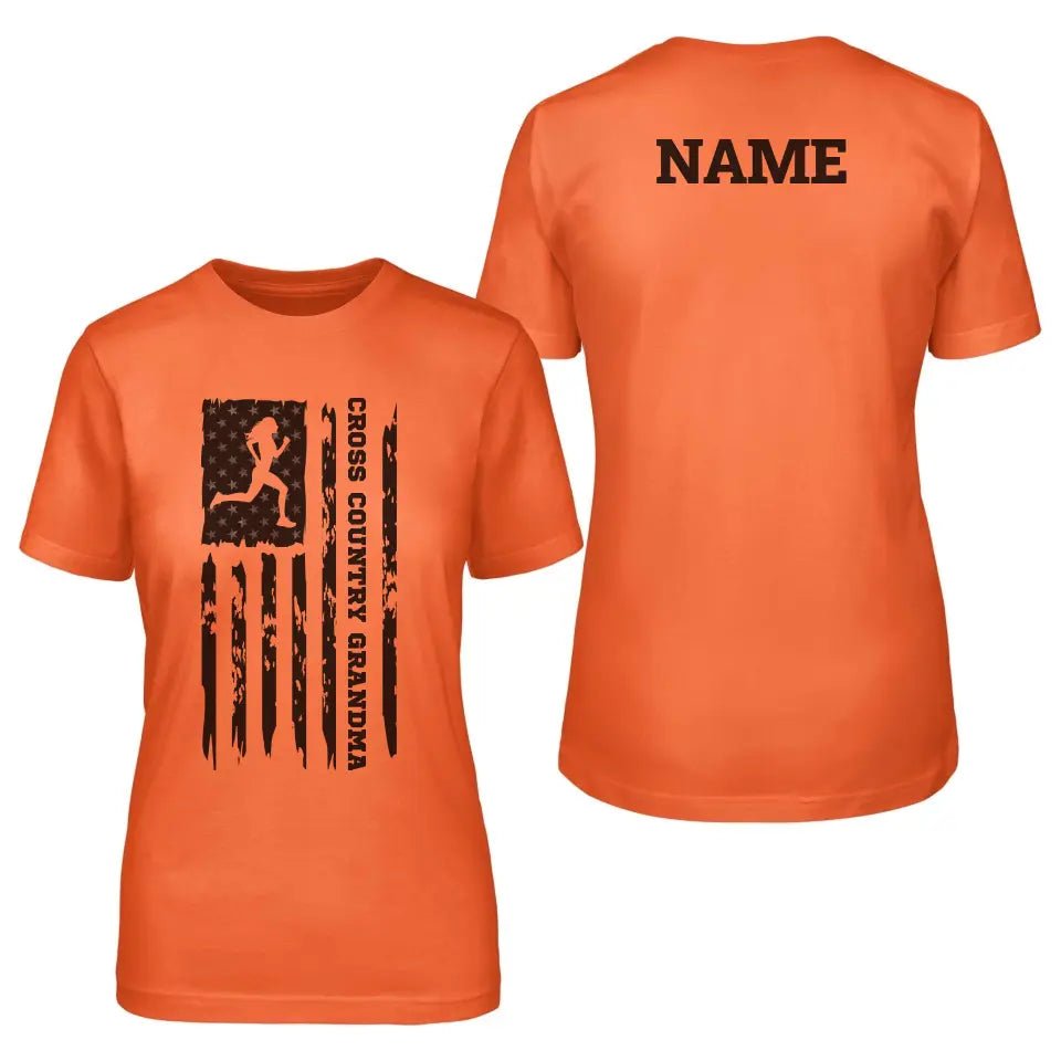 Cross Country Grandma Vertical Flag With Cross Country Runner Name on a Unisex T-Shirt with a Black Graphic