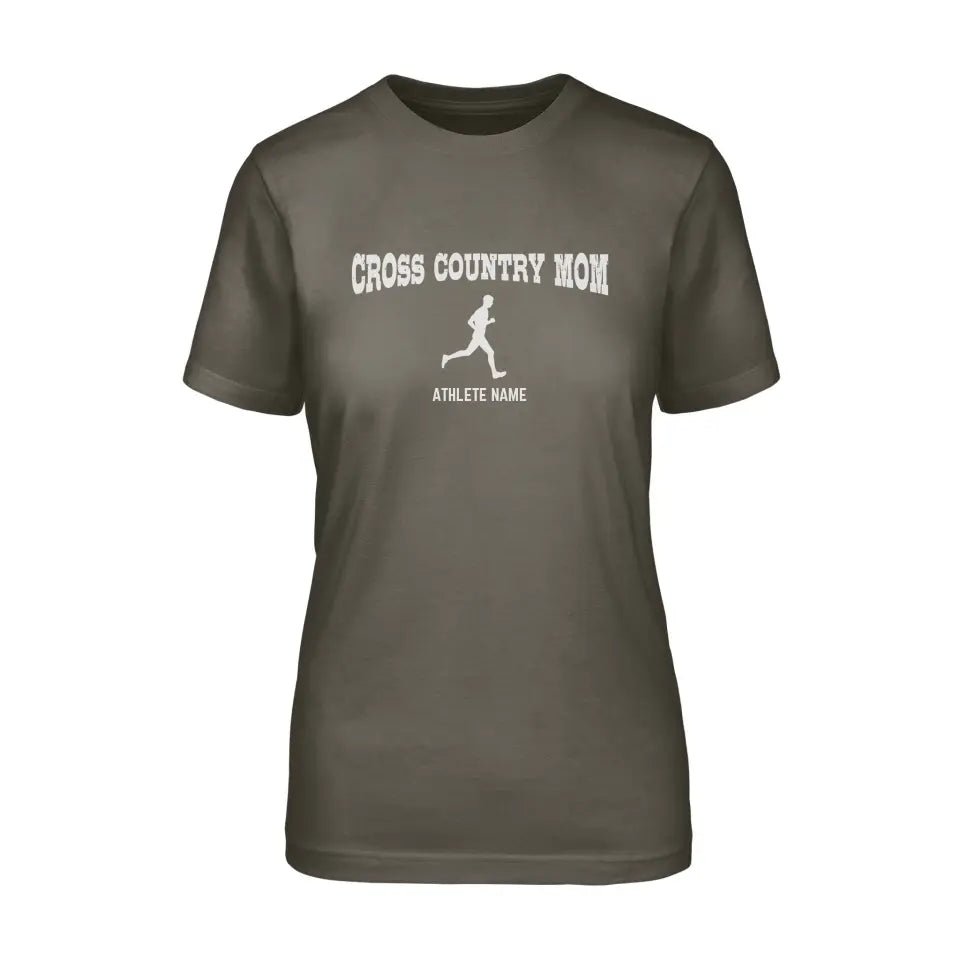 Cross Country Mom with Cross Country Runner Icon and Cross Country Runner Name on a Unisex T-Shirt with a White Graphic