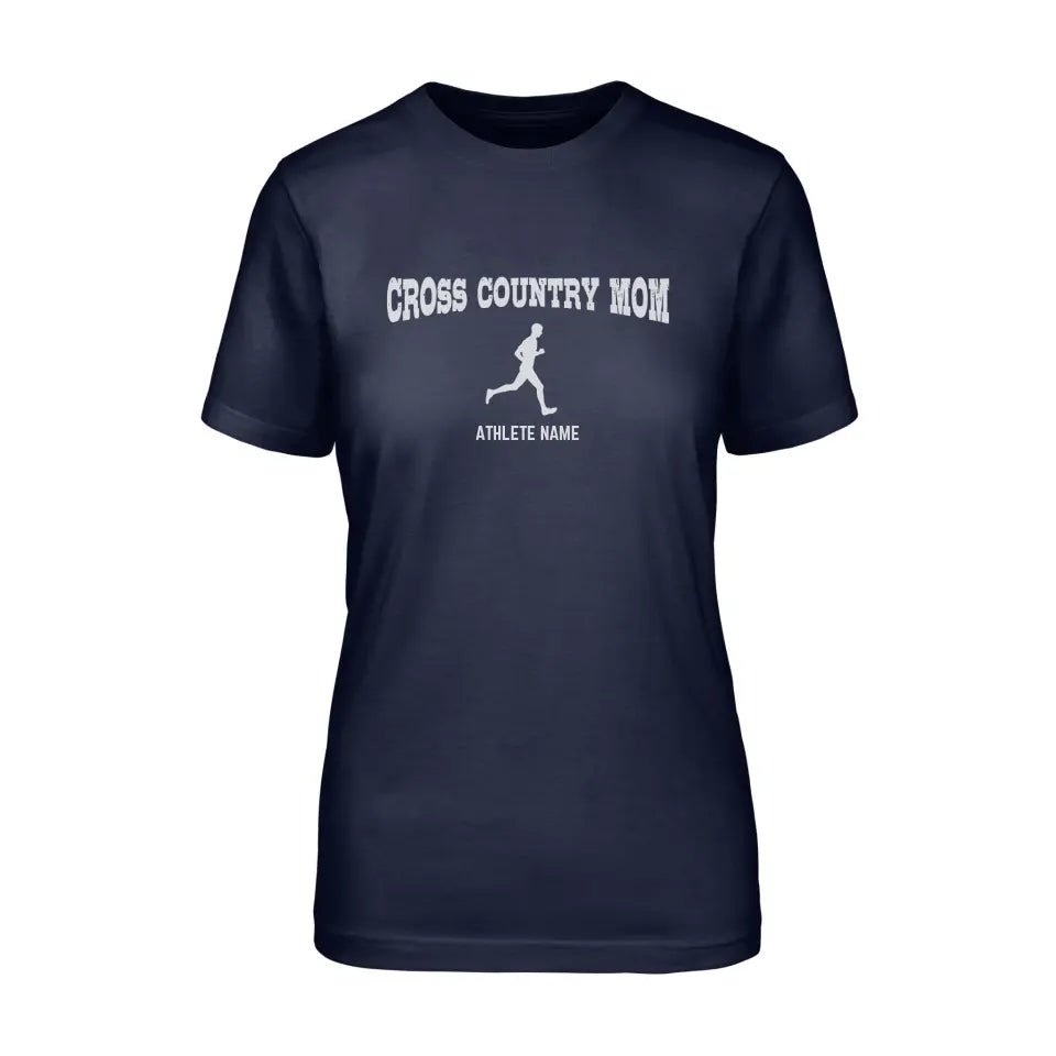 Cross Country Mom with Cross Country Runner Icon and Cross Country Runner Name on a Unisex T-Shirt with a White Graphic