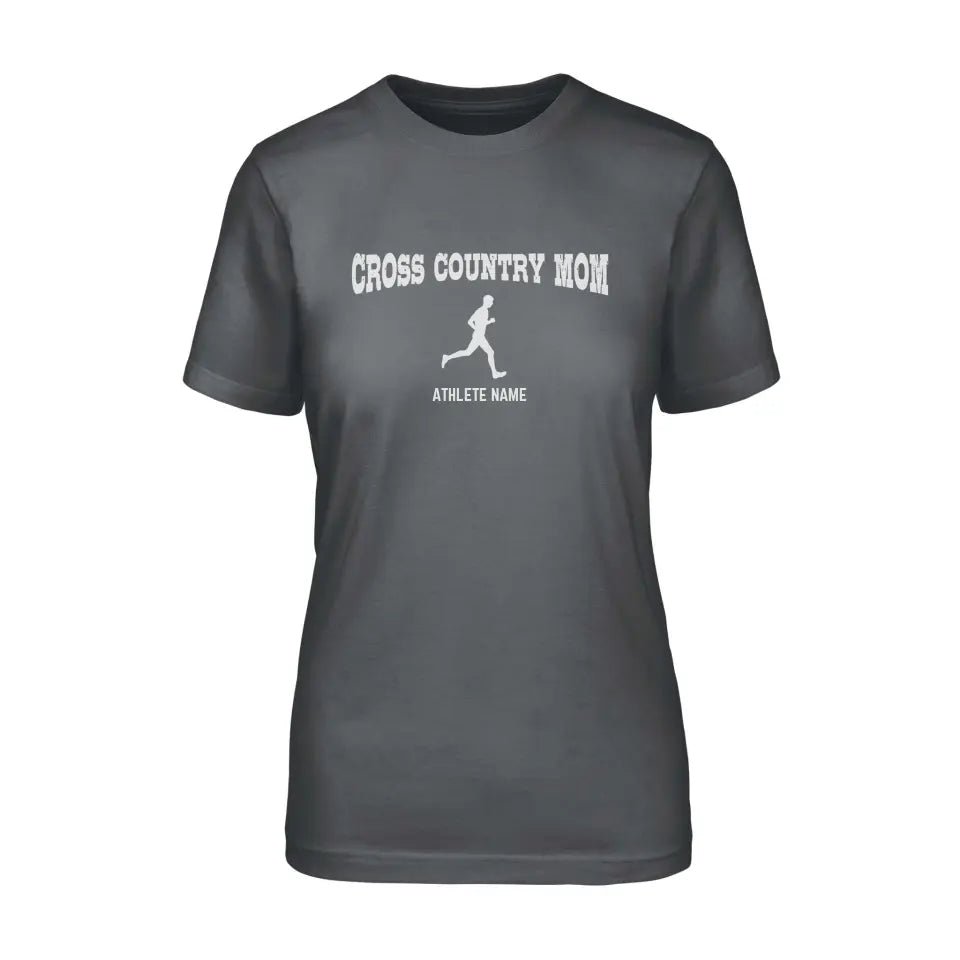 Cross Country Mom with Cross Country Runner Icon and Cross Country Runner Name on a Unisex T-Shirt with a White Graphic