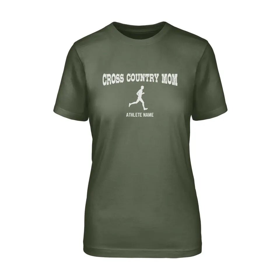 Cross Country Mom with Cross Country Runner Icon and Cross Country Runner Name on a Unisex T-Shirt with a White Graphic