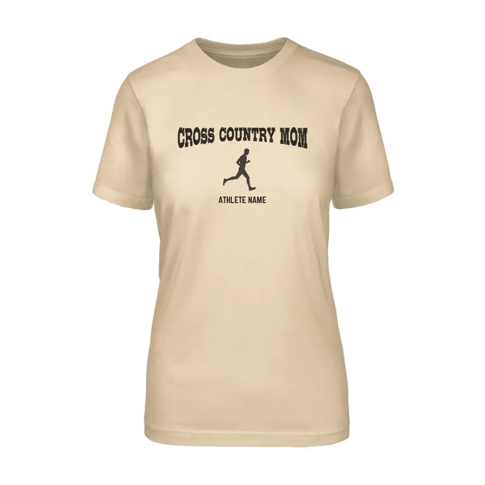 Cross Country Mom with Cross Country Runner Icon and Cross Country Runner Name on a Unisex T-Shirt with a Black Graphic