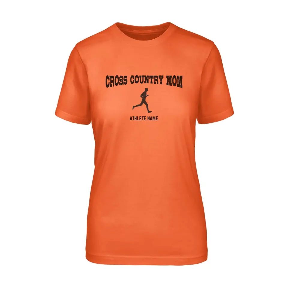 Cross Country Mom with Cross Country Runner Icon and Cross Country Runner Name on a Unisex T-Shirt with a Black Graphic