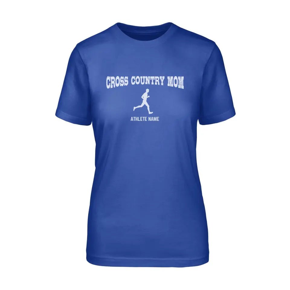 Cross Country Mom with Cross Country Runner Icon and Cross Country Runner Name on a Unisex T-Shirt with a White Graphic