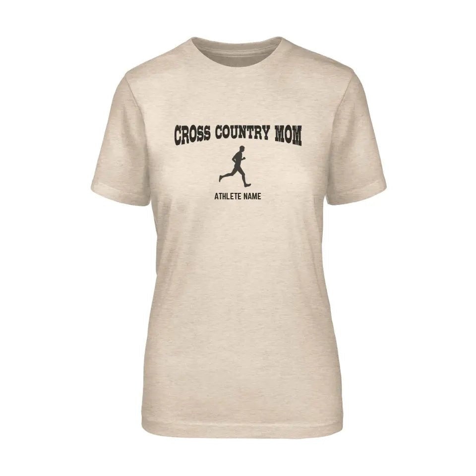 Cross Country Mom with Cross Country Runner Icon and Cross Country Runner Name on a Unisex T-Shirt with a Black Graphic