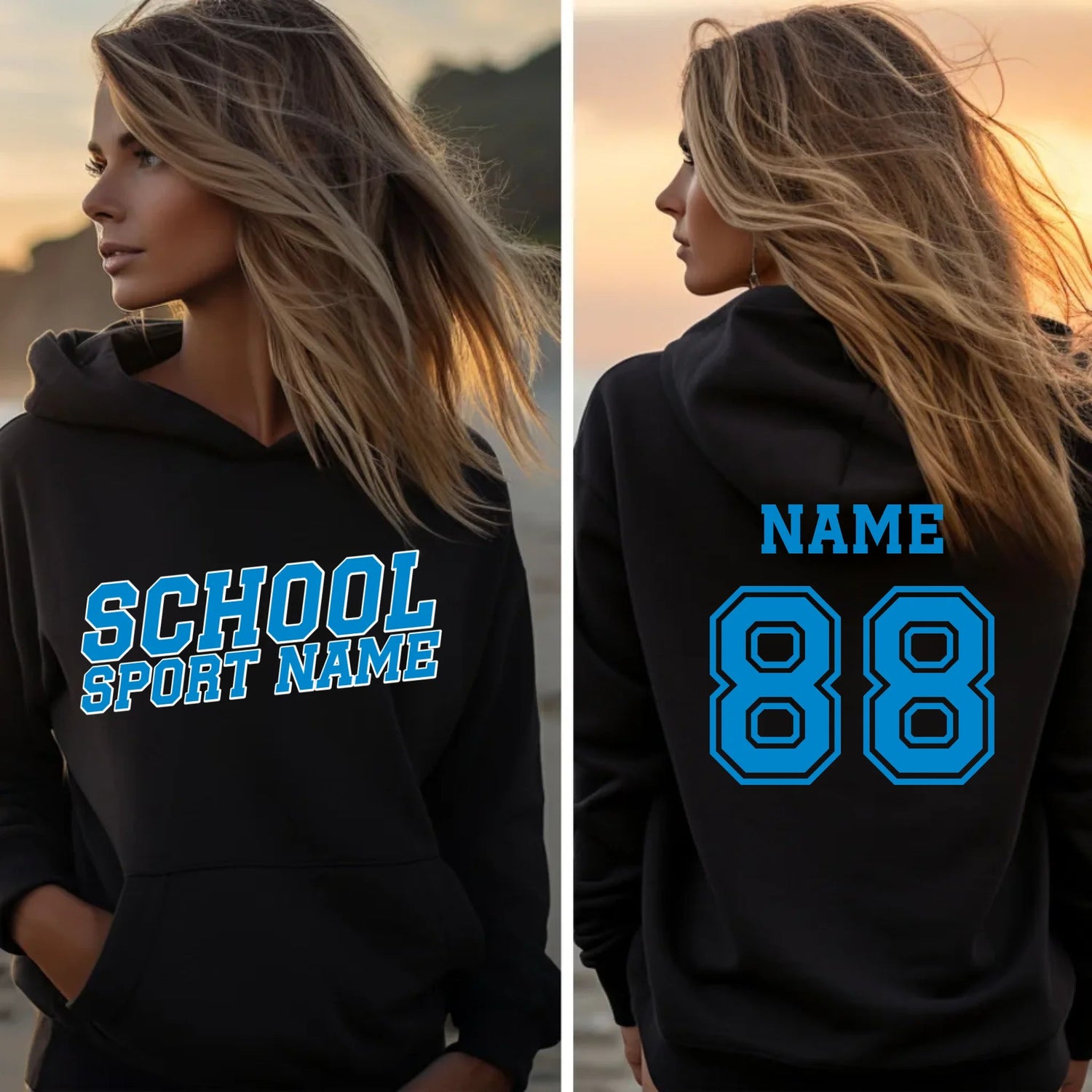 Custom School Spirit on a Hoodie With School and Mascot Name With Slanted Block Varsity Design on a Hoodie