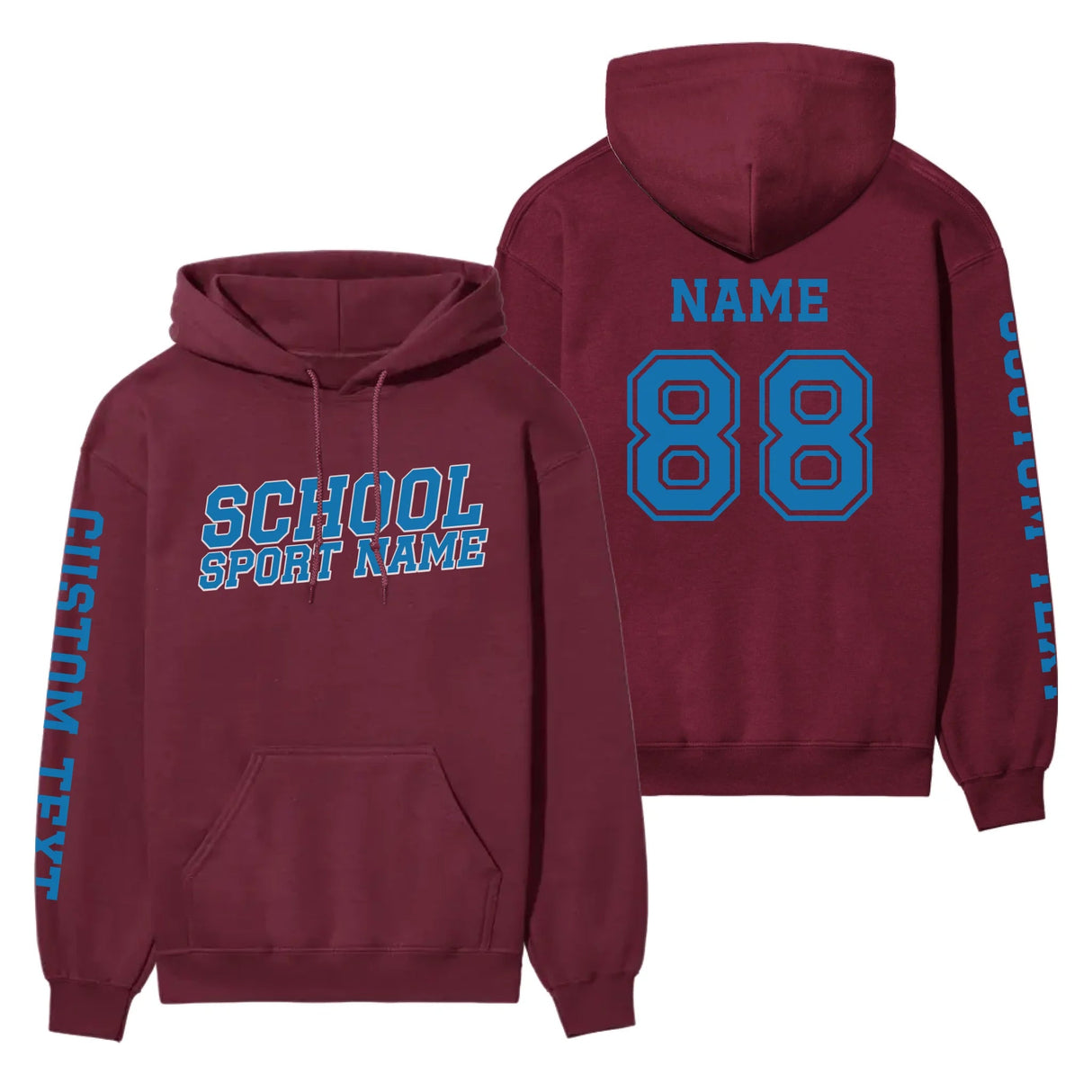 Custom School Spirit on a Hoodie With School and Mascot Name With Slanted Block Varsity Design on a Hoodie