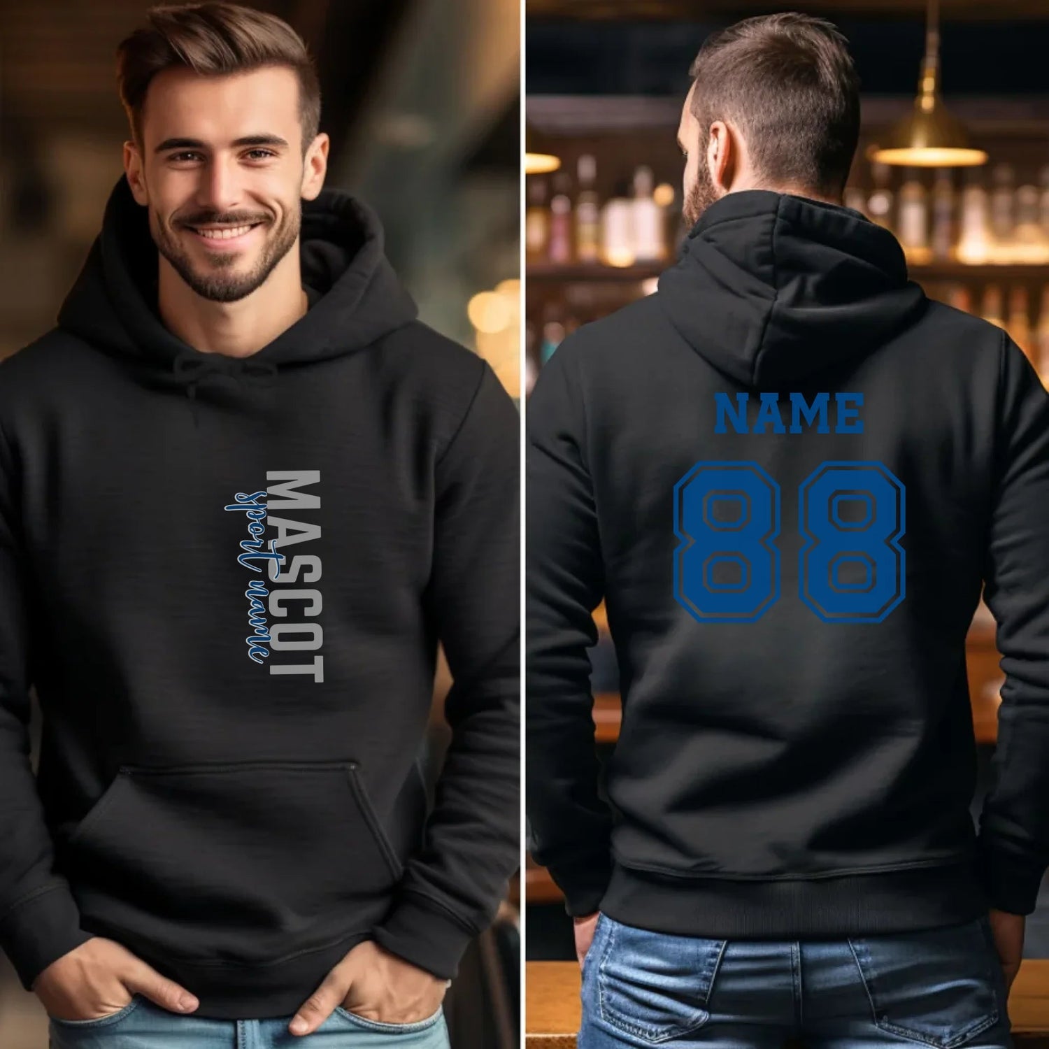 Custom School Spirit on a Hoodie With Mascot & Sport Name With Modern Vertical Design on a Hoodie