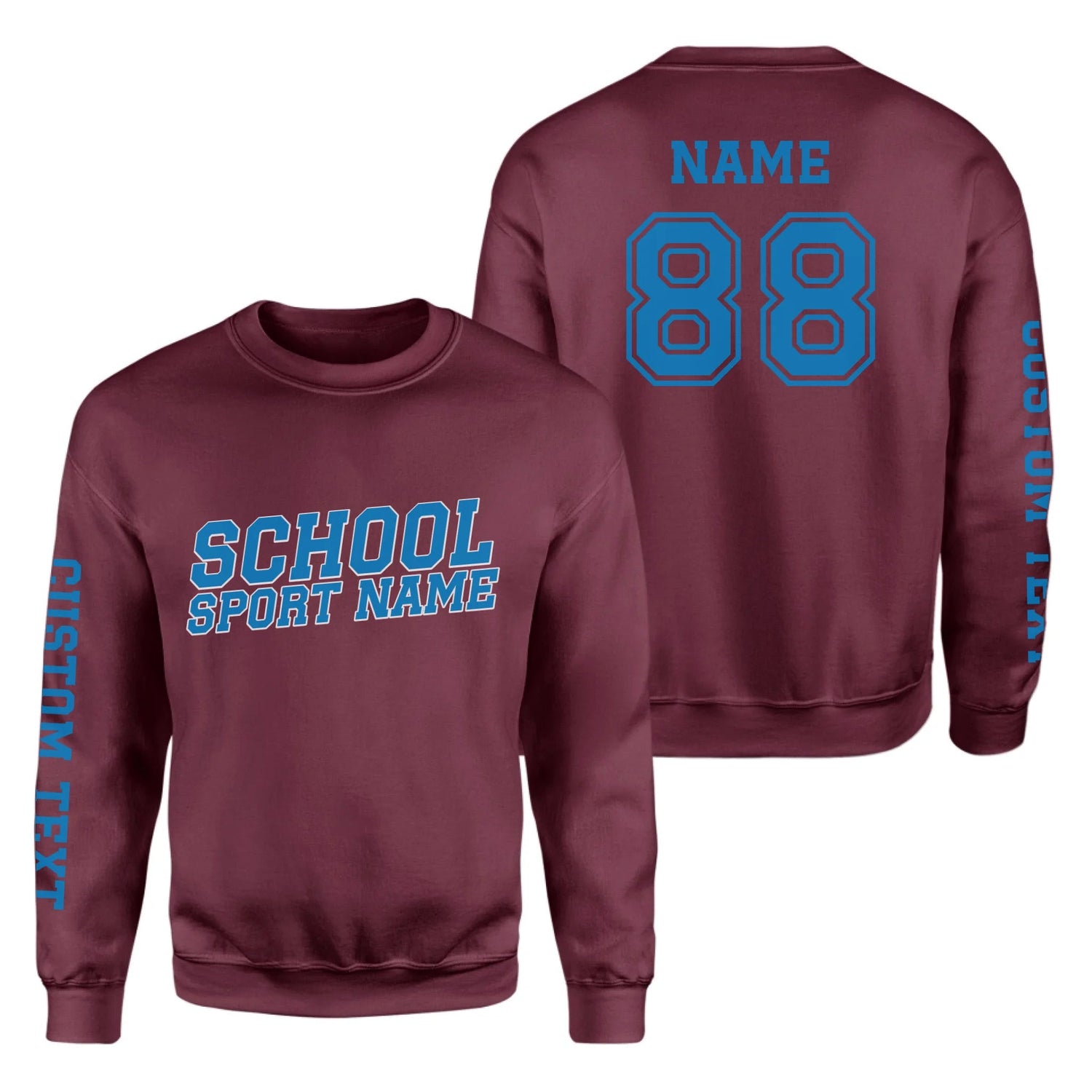 Custom School Spirit on a Sweatshirt With School and Mascot Name With Slanted Block Varsity Design on a Sweatshirt
