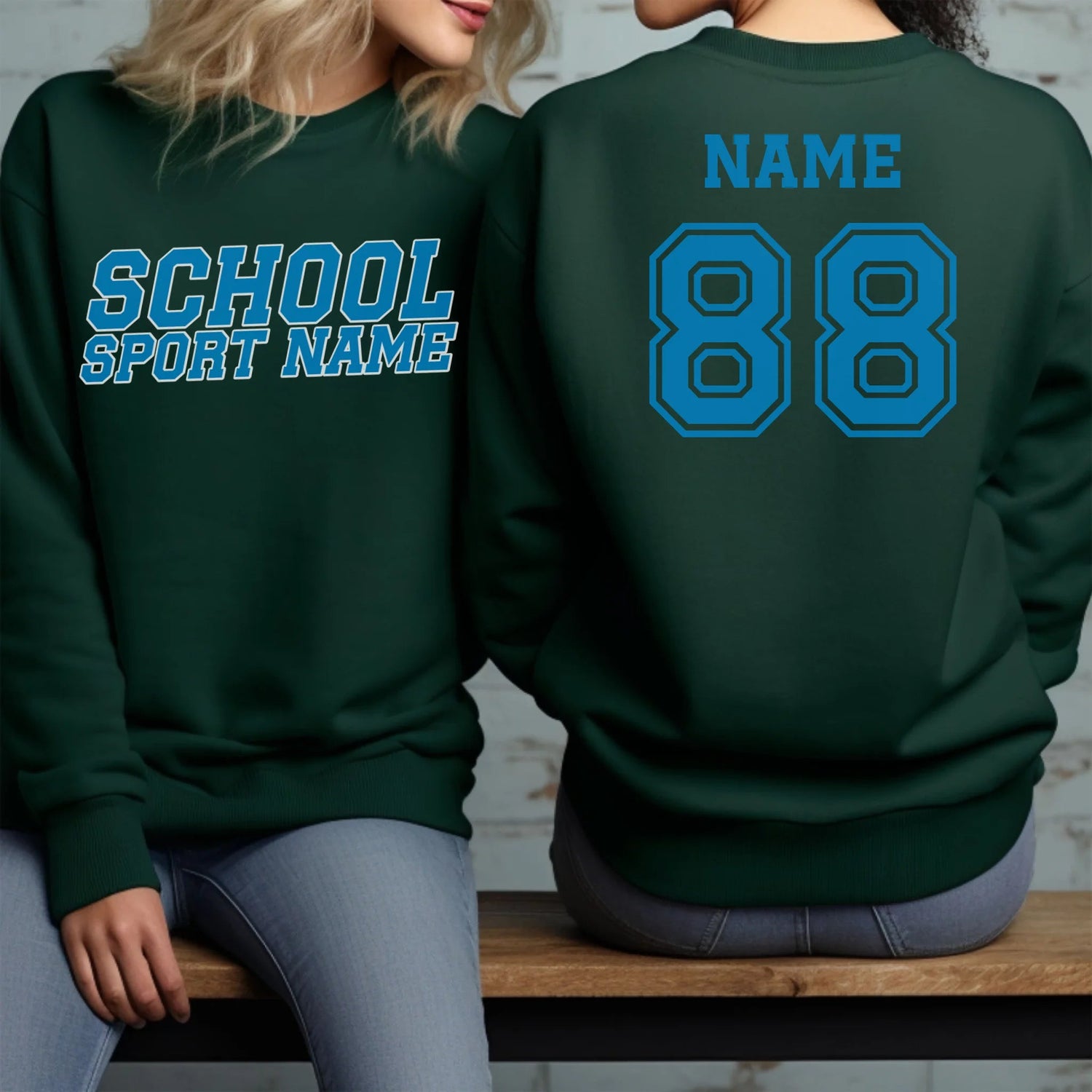 Custom School Spirit on a Sweatshirt With School and Mascot Name With Slanted Block Varsity Design on a Sweatshirt