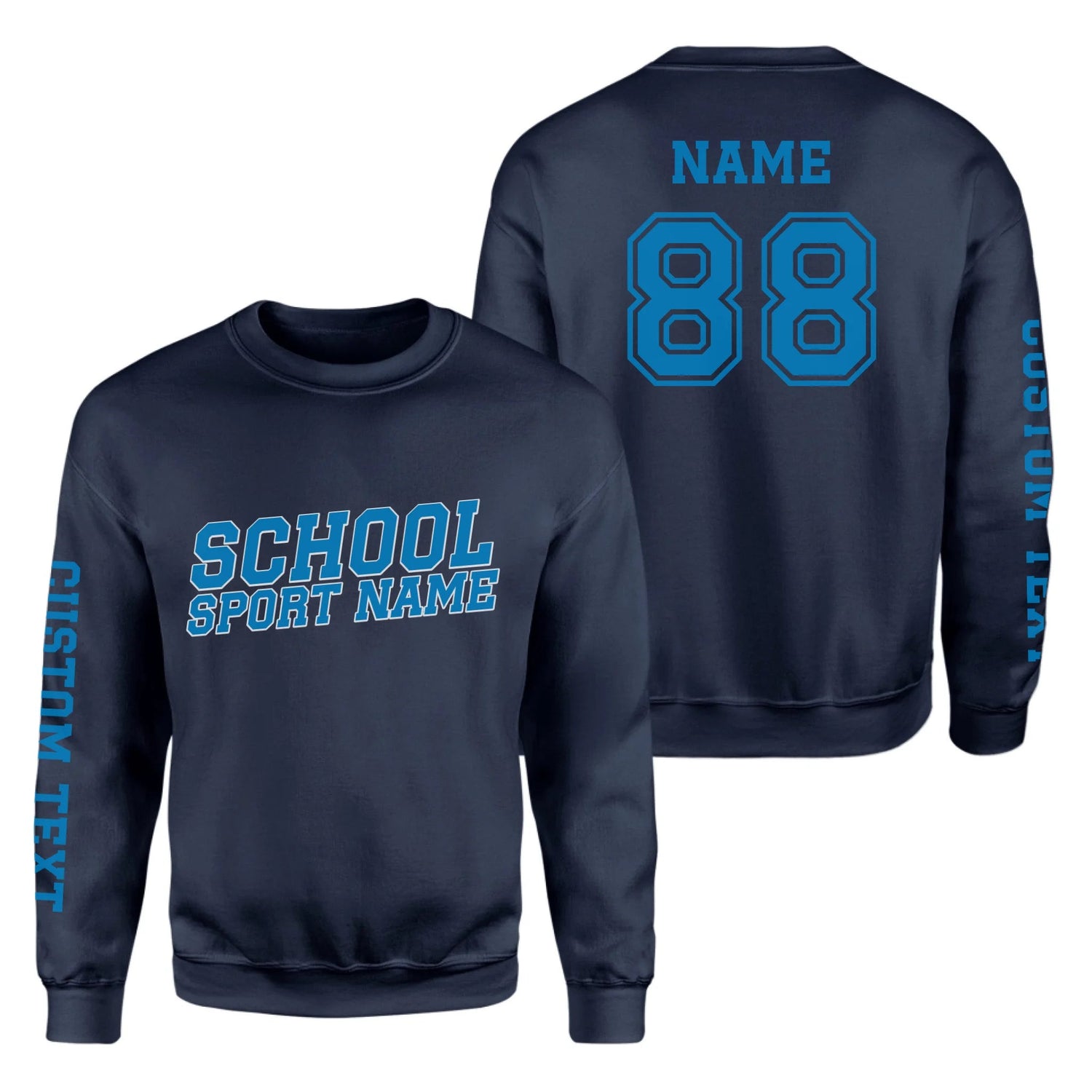 Custom School Spirit on a Sweatshirt With School and Mascot Name With Slanted Block Varsity Design on a Sweatshirt