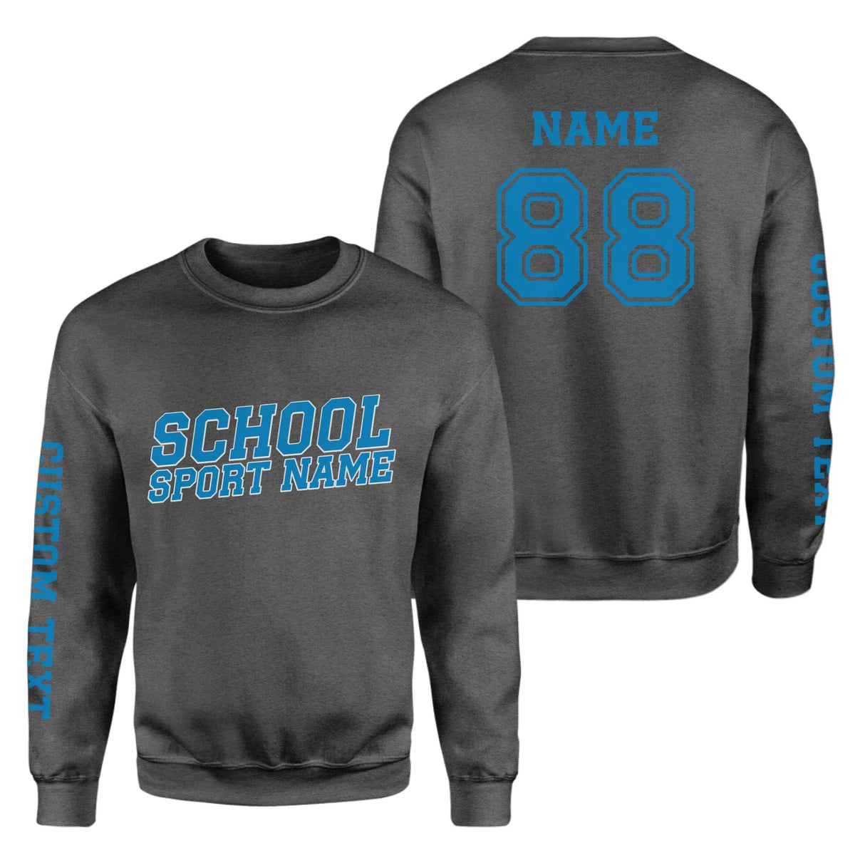 Custom School Spirit on a Sweatshirt With School and Mascot Name With Slanted Block Varsity Design on a Sweatshirt