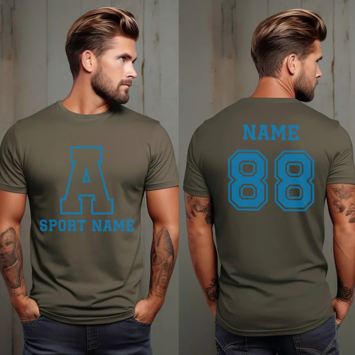Custom School Spirit Shirt With Initial & Sport With Classic Letter Block Design on a Unisex T-Shirt