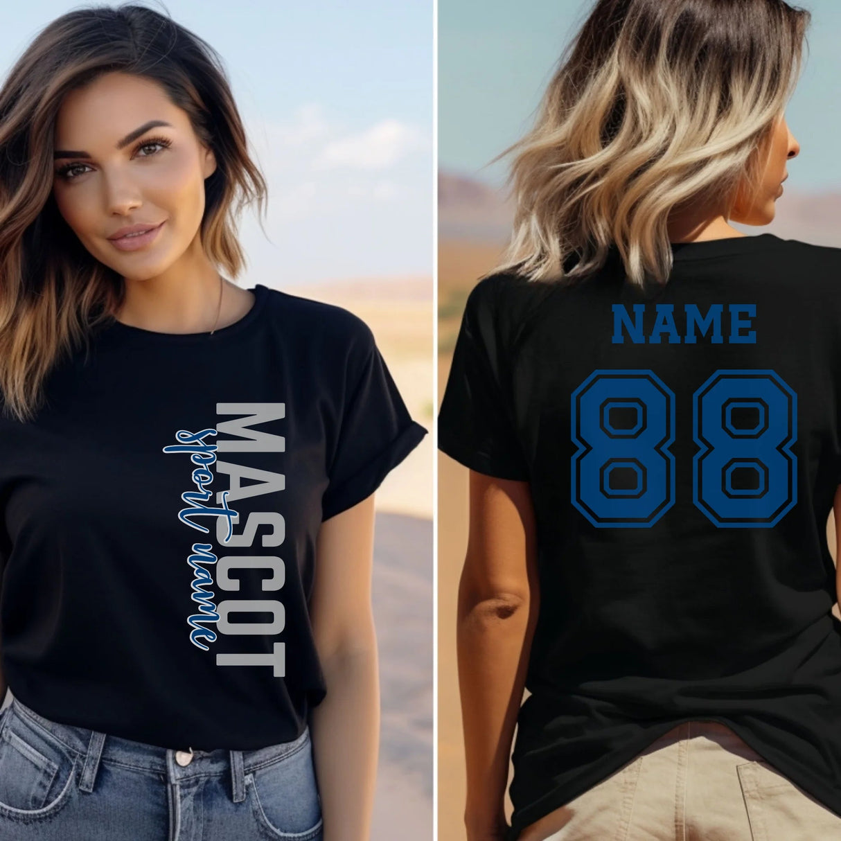 Custom School Spirit Shirt With Mascot & Sport Name With Modern Vertical Design on a Unisex T-Shirt