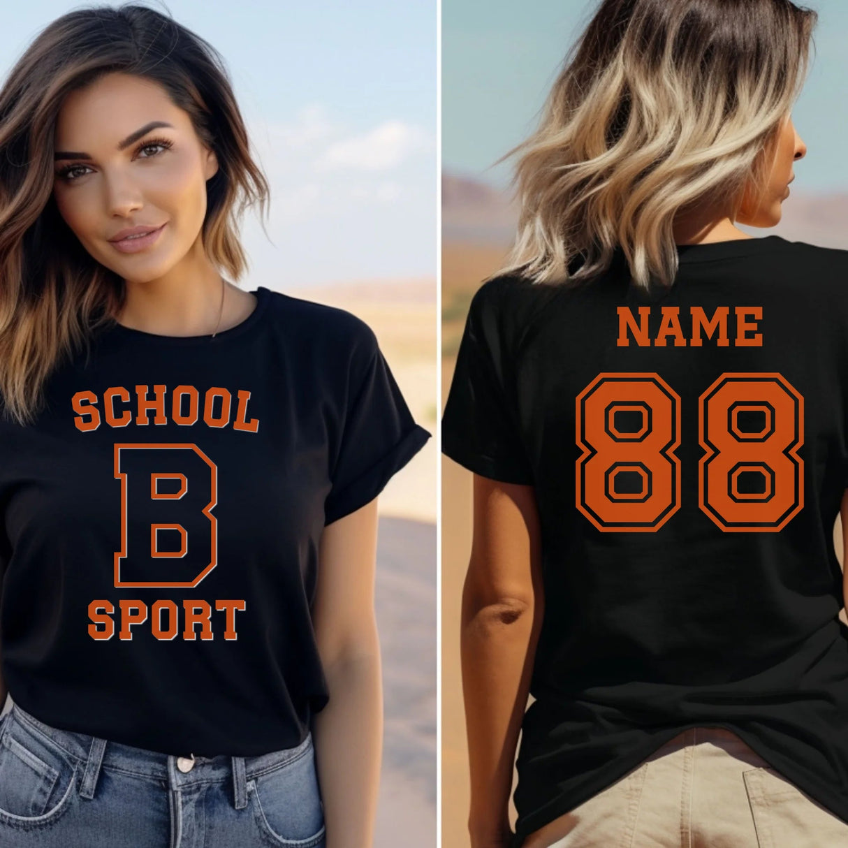 Custom School Spirit Shirt With School, Initial & Sport Name With Collegiate Letter Design on a Unisex T-Shirt