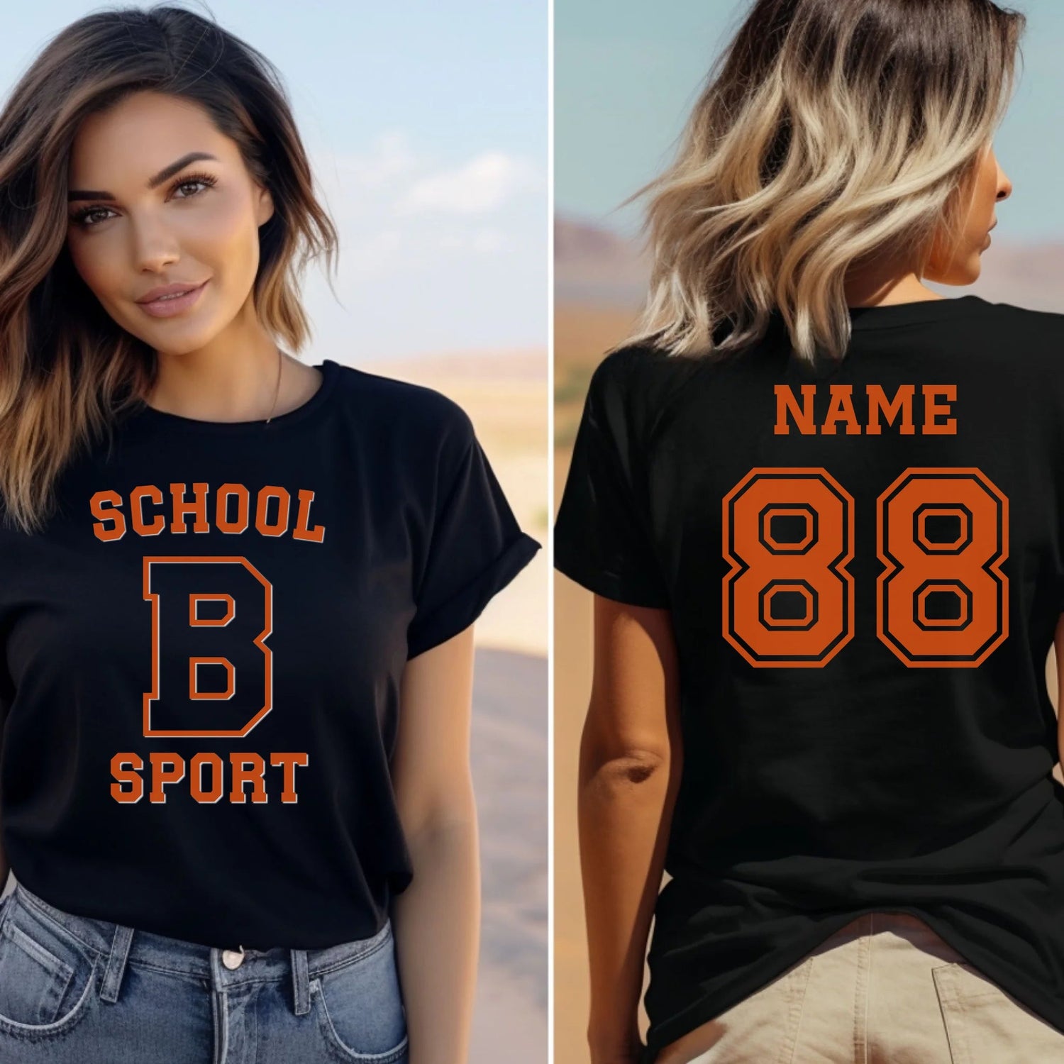 Custom School Spirit Shirt With School, Initial & Sport Name With Collegiate Letter Design on a Unisex T-Shirt