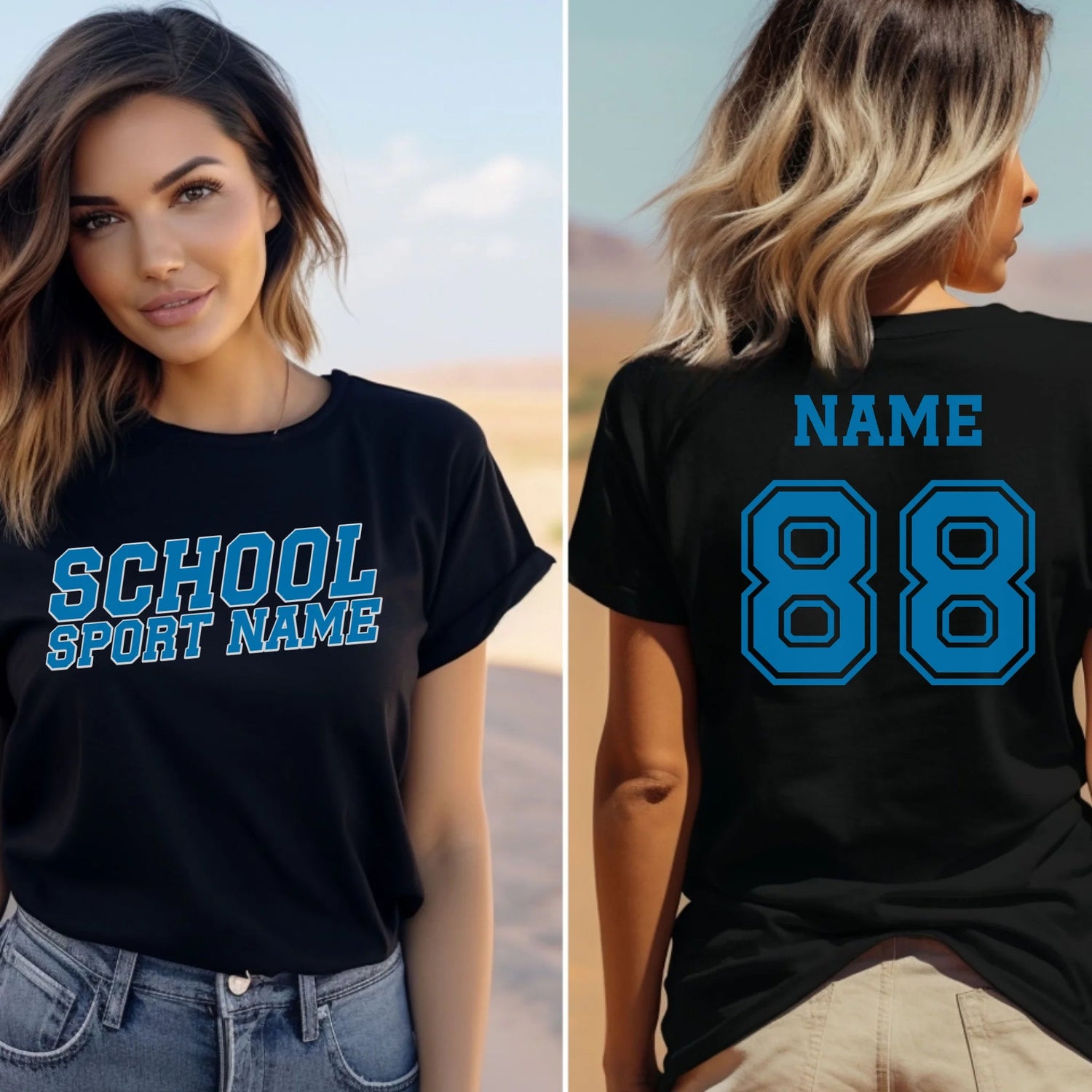 Custom School Spirit Shirt With School and Mascot Name With Slanted Block Varsity Design on a Unisex T-Shirt