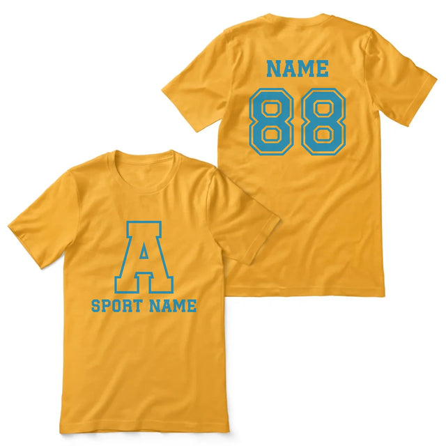 Custom School Spirit Shirt With Initial & Sport With Classic Letter Block Design on a Unisex T-Shirt