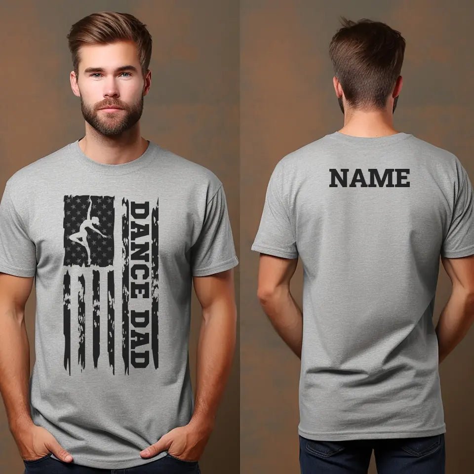 Dance Dad Vertical Flag With Dancer Name on a Men's T-Shirt with a Black Graphic