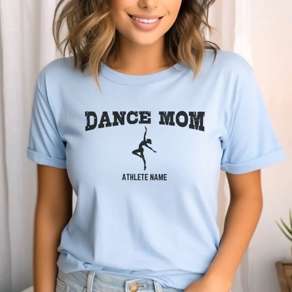 Dance Mom with Dancer Icon and Dancer Name on a Unisex T-Shirt with a Black Graphic