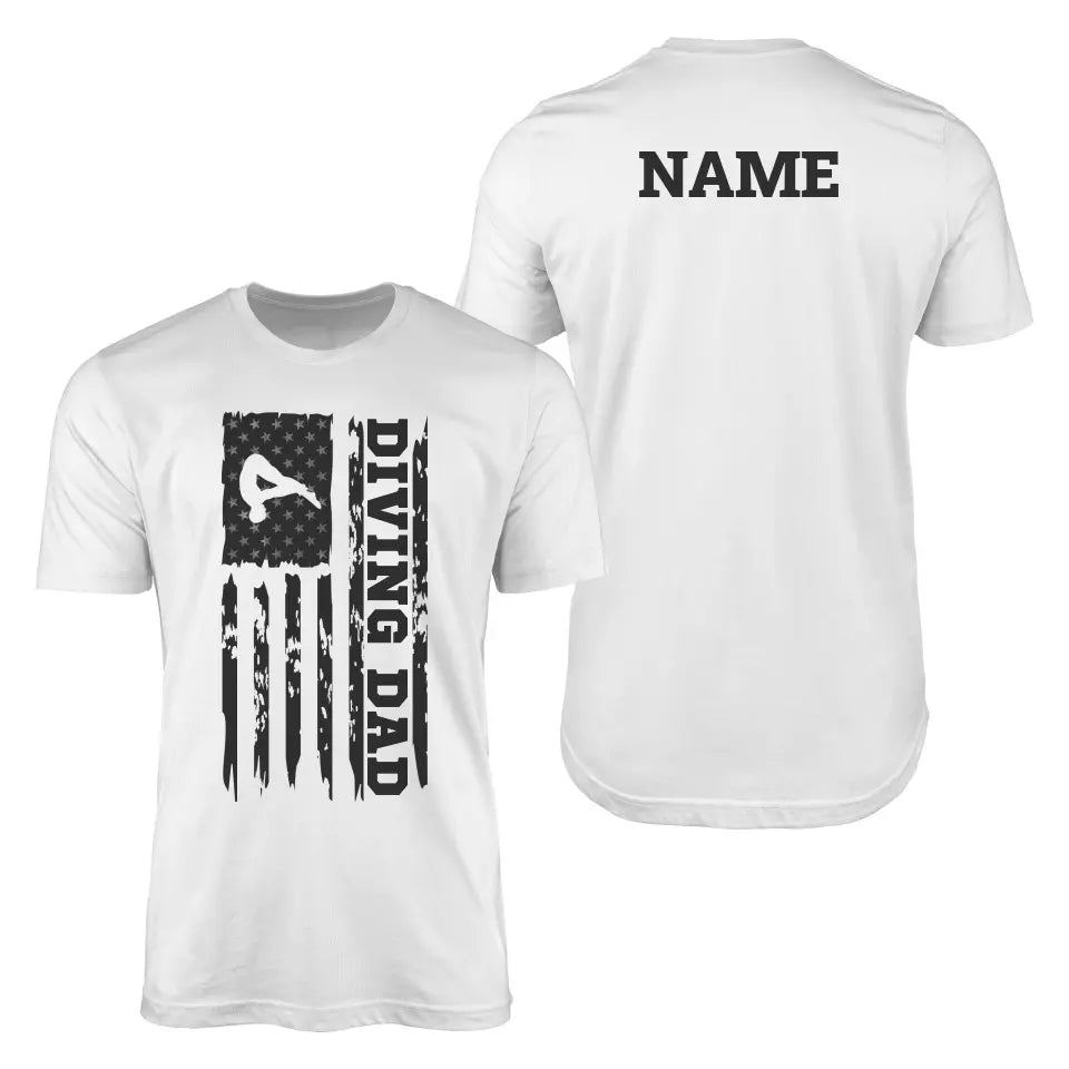 Diving Dad Vertical Flag With Diver Name on a Men's T-Shirt with a Black Graphic