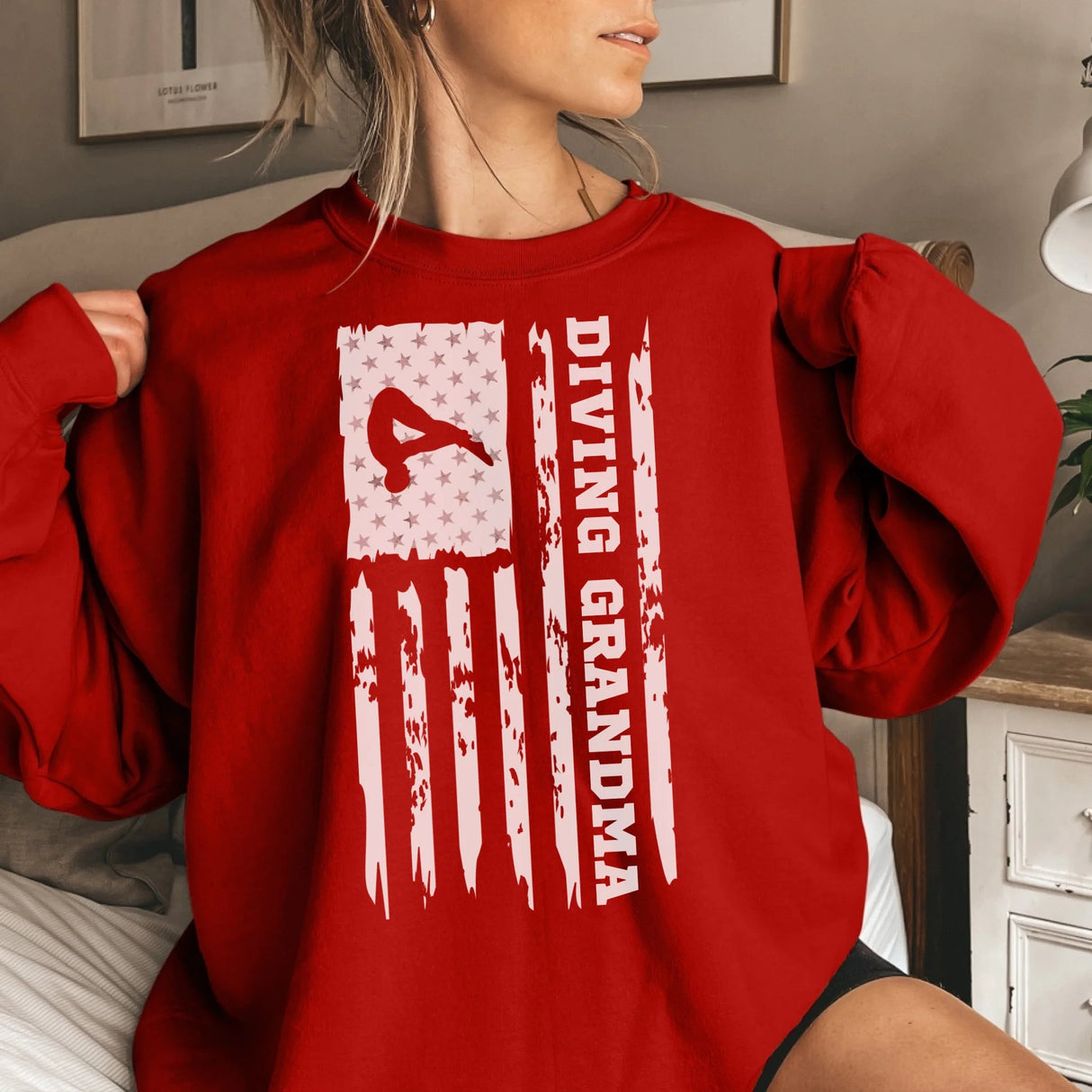 Diving Grandma Vertical Flag on a Sweatshirt with a White Graphic