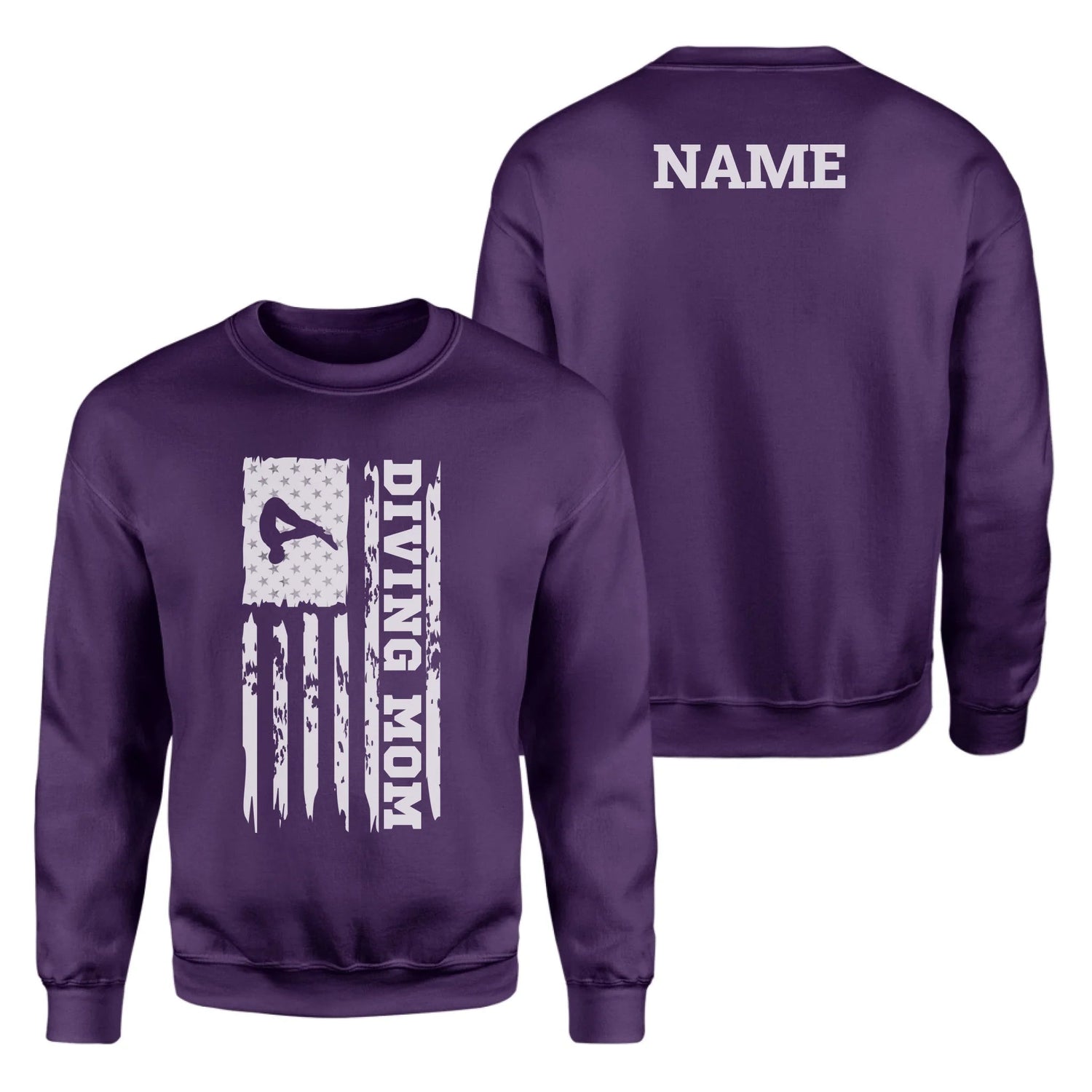Diving Mom Vertical Flag With Diver Name on a Sweatshirt with a White Graphic