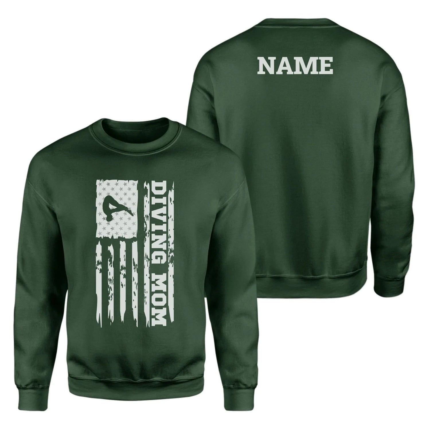 Diving Mom Vertical Flag With Diver Name on a Sweatshirt with a White Graphic