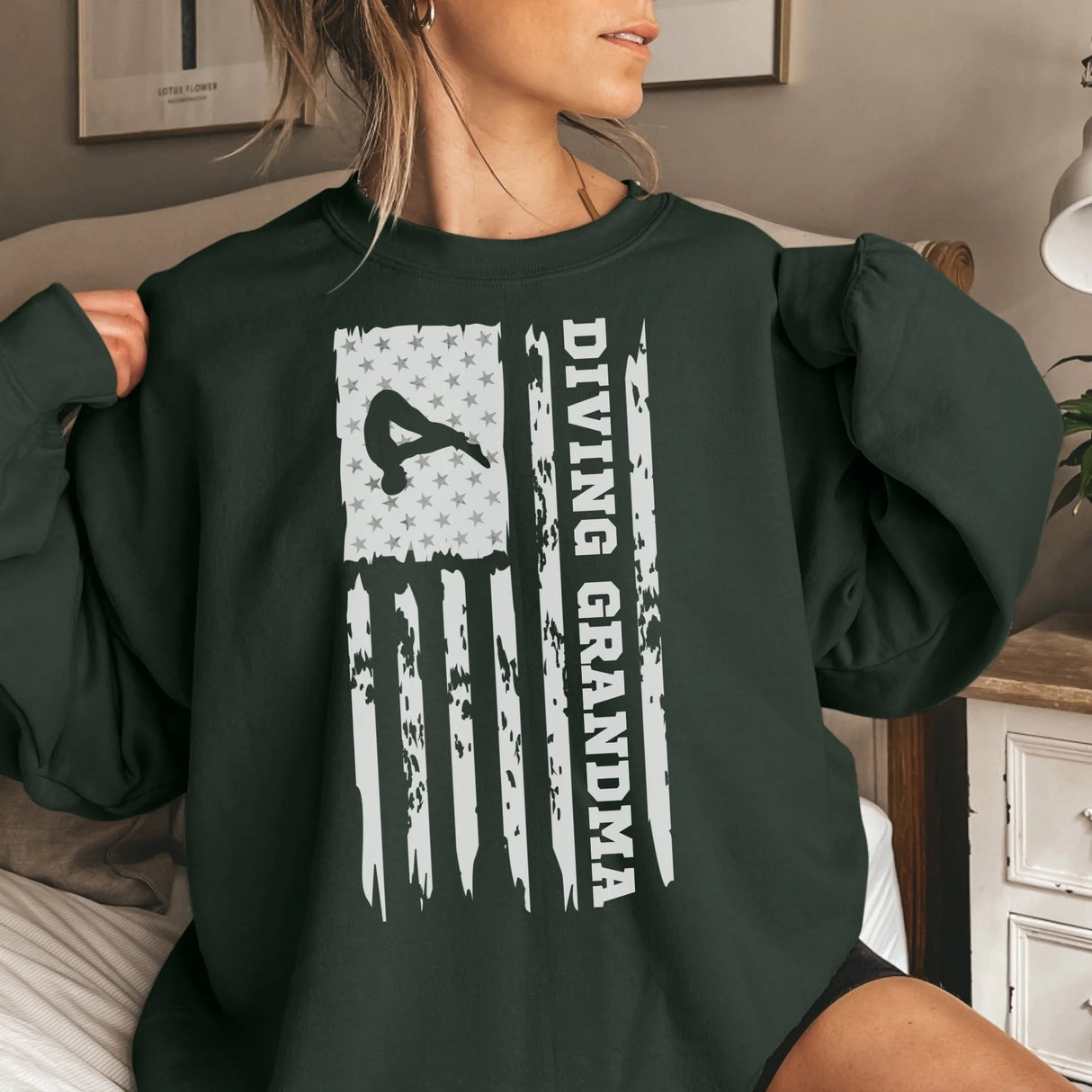Diving Grandma Vertical Flag on a Sweatshirt with a White Graphic