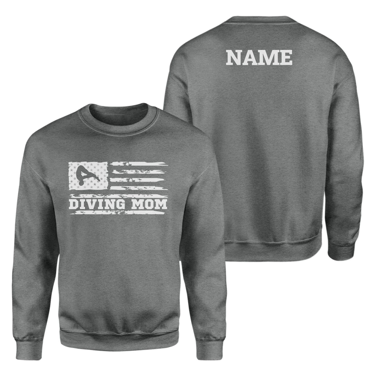 Diving Mom Horizontal Flag With Diver Name on a Sweatshirt with a White Graphic