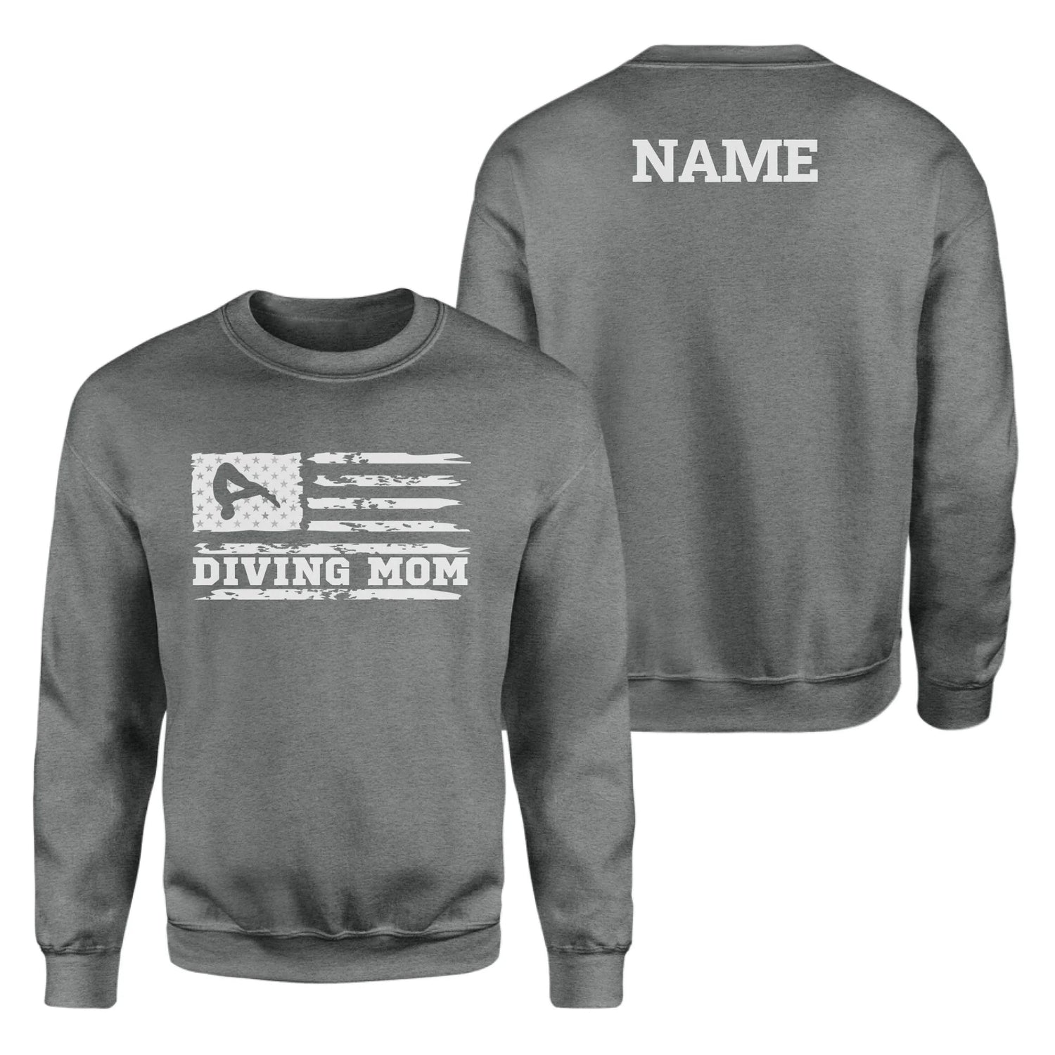 Diving Mom Horizontal Flag With Diver Name on a Sweatshirt with a White Graphic