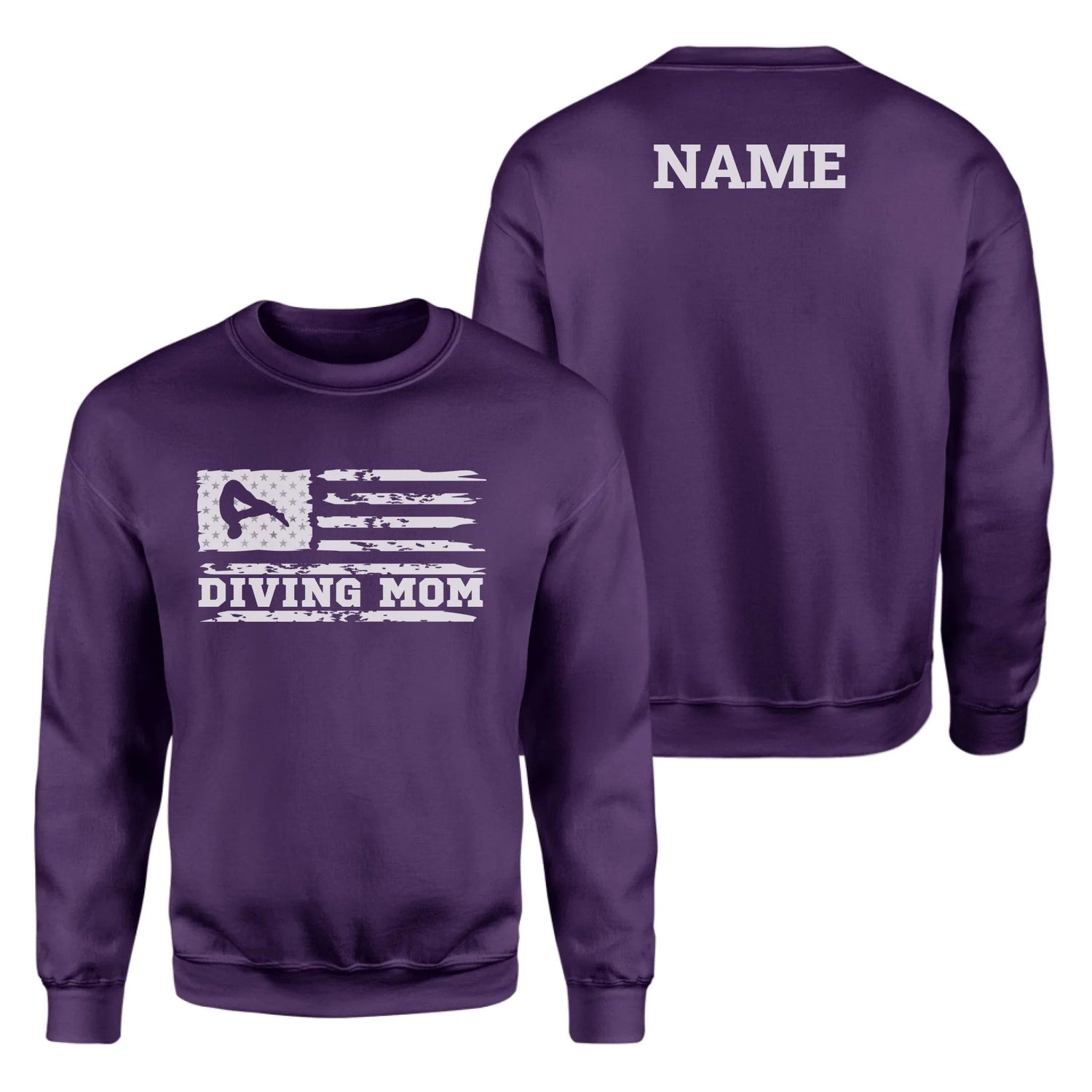 Diving Mom Horizontal Flag With Diver Name on a Sweatshirt with a White Graphic