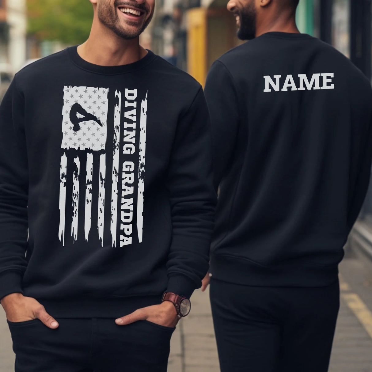 Diving Grandpa Vertical Flag With Diver Name on a Sweatshirt with a White Graphic