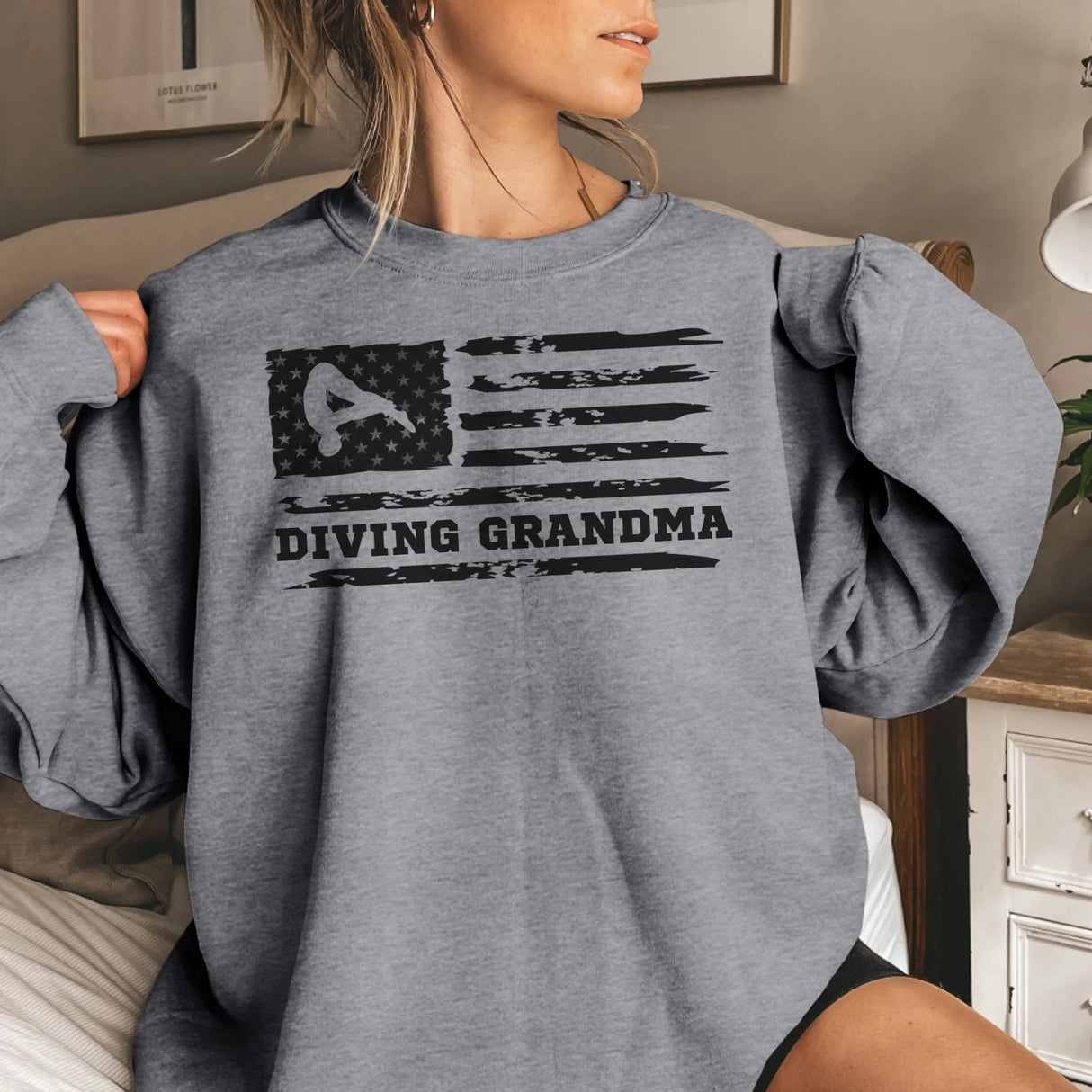 Diving Grandma Horizontal Flag on a Sweatshirt with a Black Graphic